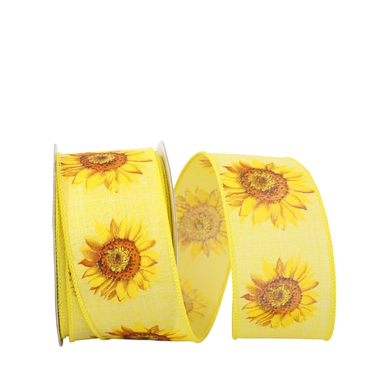 JAM Paper 2.5&#x22; Wired Faux Linen Sunflower Ribbon